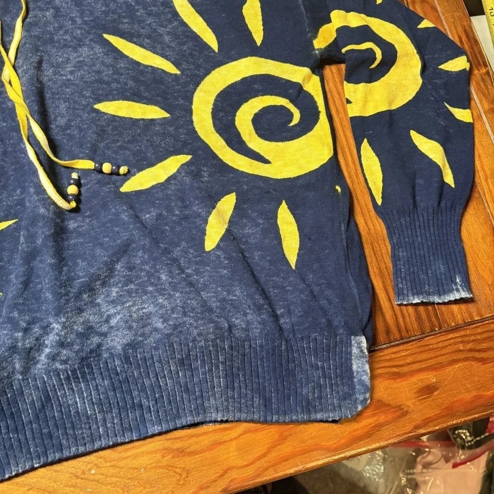 Minnie Rose Celestial Sun Blue Yellow Burnout Hoodie Cashmere Blend M Baja Boho